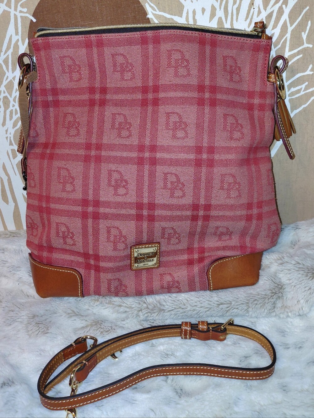 Dooney & Bourke Red Plaid Crossbody with Brown Leather Trim and Tassel.